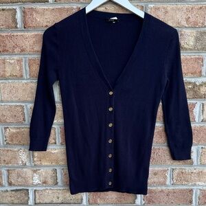 J Crew navy ribbed summer weight cotton cardigan with gold buttons, size S